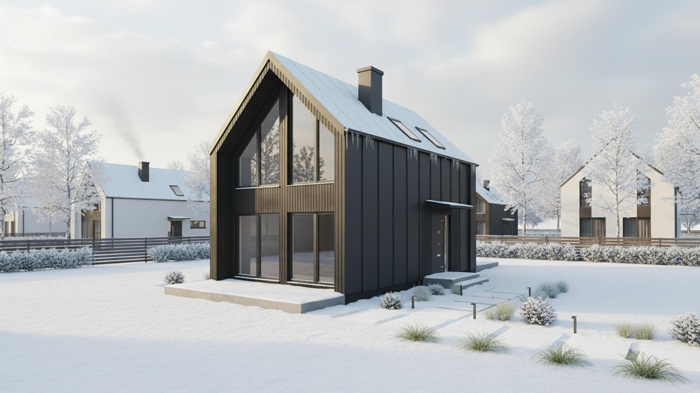 Drewniany dom typu stodoła z izolacją drzewną w czasie zimy